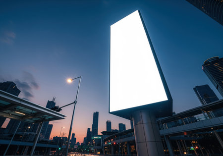 Blank vertical digital billboard stands tall in a modern city at dusk. urban street scene with buildings, streetlights, and blurred traffic lights below. ideal for advertising mockups.の素材