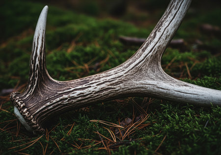 Shed elk antler with rough, weathered texture resting on vibrant green moss and pine needles in a natural forest environment. symbolizes nature, wilderness, and the cycle of life.の素材