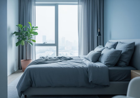 Modern bedroom interior featuring a comfortable bed with blue gray linen bedding, large window overlooking a city view, and a potted green plant. minimalist design creates a serene and calm atmosphere.の素材