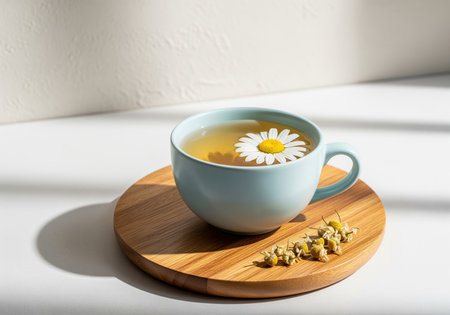 Chamomile tea in a light blue ceramic cup, garnished with a fresh daisy flower, served on a round wooden coaster with dried chamomile blossoms. natural light creates soft shadows, emphasizing a calm and healthy beverage.の素材