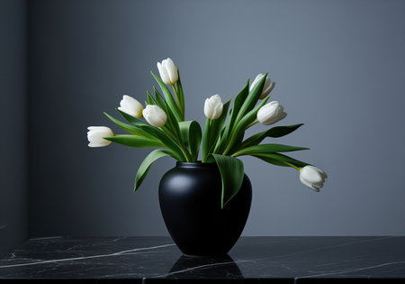 Pristine white tulips with green leaves arranged in a sleek matte black ceramic vase, placed on a dark marble surface against a minimalist grey wall.の素材