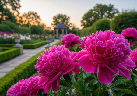 Lush fuchsia peonies with ruffled petals bloom vibrantly in a sun drenched formal garden. a stone path and gazebo are visible in the background, bathed in the warm glow of sunset, evoking beauty and tranquility.の素材
