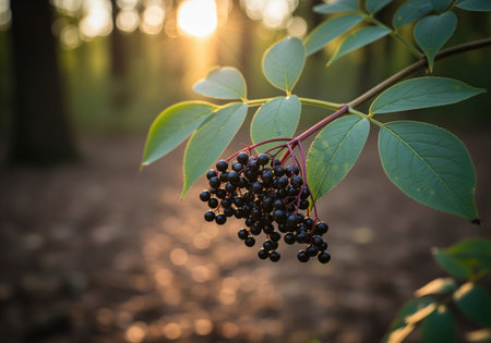 Ripe dark elderberries with green leaves on a branch, illuminated by golden sunlight in a natural forest setting. represents healthy, organic, wild fruit and autumn harvest.の素材