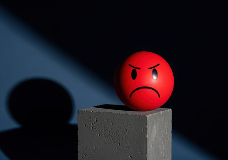 Red frowning face sphere sits on a rough concrete cube, symbolizing anger, frustration, and negative emotions. stark lighting highlights the mood of discontent and stress.の素材