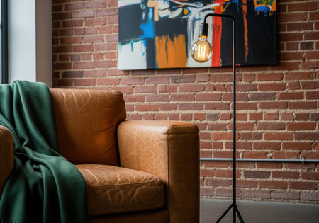 Distressed tan leather armchair with a soft green throw blanket, illuminated by a modern industrial floor lamp featuring a glowing edison bulb, set against a rustic brick wall and abstract art.の素材