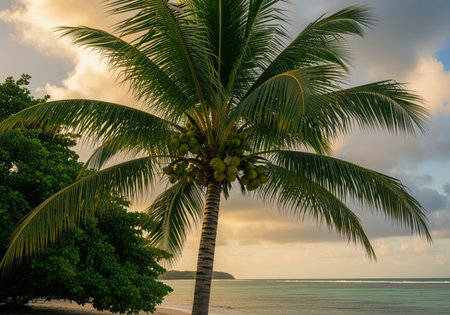 Lush palm tree with green coconuts stands tall on a sandy tropical beach, overlooking the turquoise ocean under a warm, cloudy sunset sky. idyllic island paradise scene.の素材