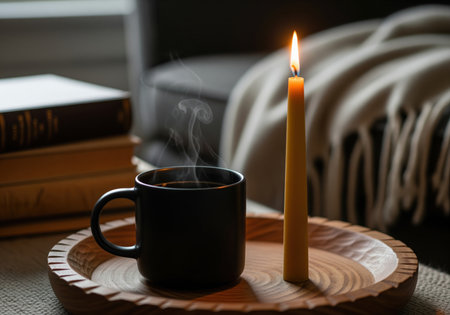 Steaming coffee in a matte black ceramic mug and a tall, glowing beeswax candle on a carved wooden tray. books and a cozy blanket create a warm, inviting atmosphere for relaxation.の素材