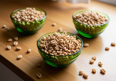 Three green glass bowls brimming with puffed wheat cereal on a natural wooden table. healthy breakfast food, light brown texture, and airy grains scattered around.の素材