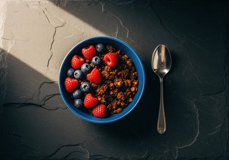 Dark toasted granola with fresh raspberries and blueberries in a blue bowl, served with a spoon on a dark slate surface. healthy breakfast, nutritious food, and natural ingredients concept.の素材