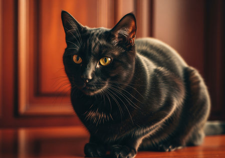 A sleek black cat with striking yellow eyes sits regally, its dark fur contrasting with the warm wooden background. the cat contemplative and serious expression adds a mysterious aura.の素材
