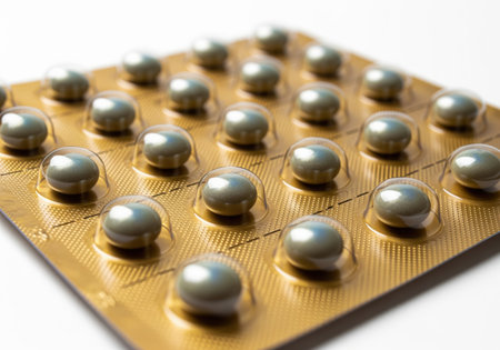 Gold blister pack containing rows of small, iridescent pills. represents medicine, healthcare, pharmacy, treatment, and wellness.の素材