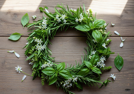 Circular wreath crafted from fresh rosemary, basil leaves, and small white wildflowers, artfully arranged on a rustic wooden surface with scattered petals.の素材