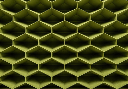 Olive green cellular honeycomb pattern with repeating geometric shapes creating a textured background. abstract design showcasing depth and intricate structure.の素材