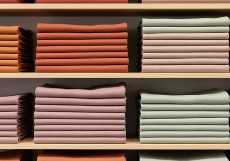 Neatly folded garments in warm earth tones and pastel colors stacked on wooden shelves, showcasing an organized textile display.の素材