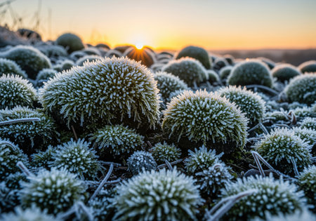 Vibrant green moss covered in intricate white frost formations, illuminated by the golden light of a sunrise. detailed ice crystals create a spiky texture across the natural landscape, evoking a cold winter morning.の素材