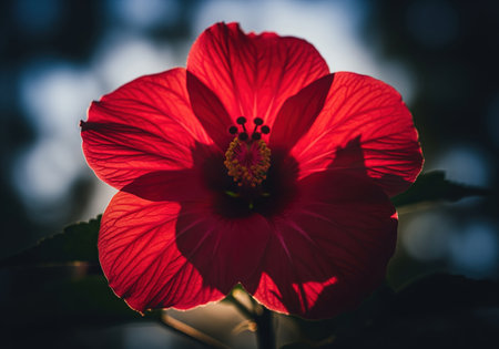 Close up of a vibrant crimson hibiscus flower with delicate petals, backlit by natural sunlight, creating a glowing effect against a dark, blurred background. symbolizes beauty, tropical nature, and summer.の素材