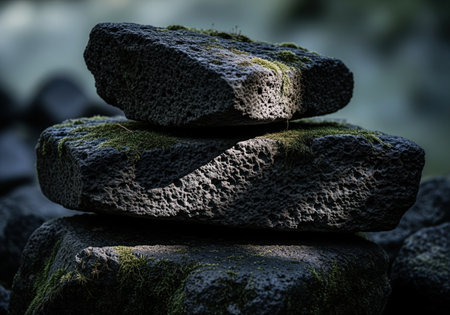 Dark, angular volcanic rocks stacked on top of each other, covered with vibrant green moss and illuminated by natural light, creating a serene and balanced composition.の素材