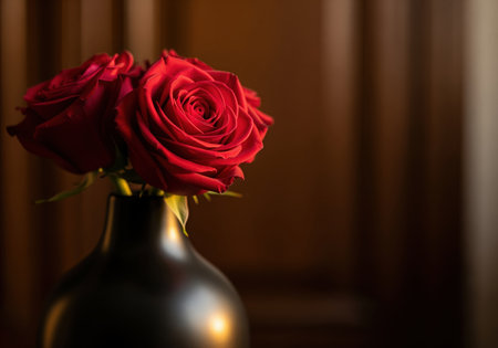 Two vibrant deep crimson velvet roses tightly clustered in a sleek modern matte black ceramic vase. symbolizing love, romance, and elegance.の素材