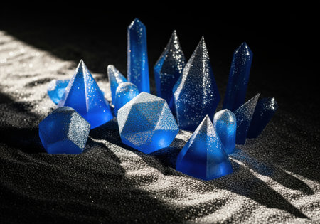Translucent blue geometric crystal forms with a shimmering glitter coating, arranged on a dark, granular surface. strong light casts shadows, enhancing the depth and texture of the abstract composition.の素材