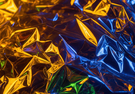 Crumpled iridescent plastic sheet reflecting vibrant blue, orange, and green light. abstract texture with metallic sheen and holographic effect, creating a dynamic background.の素材