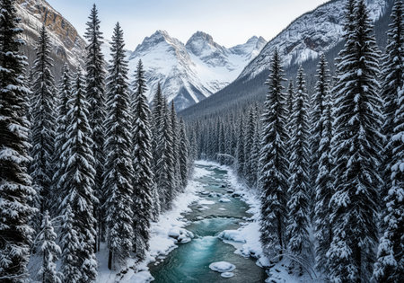Vibrant turquoise glacial river flows through a dense, snow covered pine forest, framed by majestic snow capped mountains under a clear winter sky. a pristine wilderness landscape.の素材