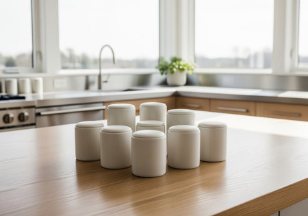 Matte white porcelain spice jars neatly arranged on a light wood kitchen island in a bright, modern home. clean, organized, and minimalist kitchen interior design.の素材