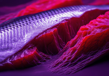 Abstract macro view of a fish fillet, showcasing shimmering purple scales and deep red, rugged flesh resembling a surreal, organic landscape.の素材