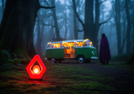 A glowing red lantern sits on mossy ground, illuminating a dark, misty forest path. a vintage green camper van adorned with string lights and a cloaked figure stand in the background, creating a mysterious atmosphere.の素材