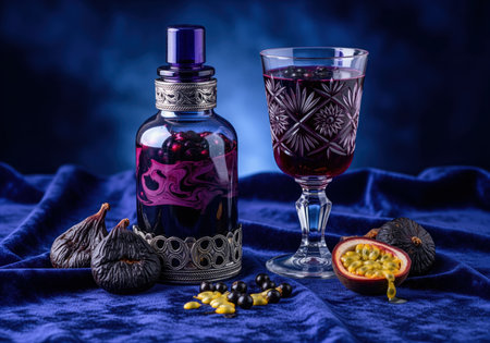 Mystic berry brew featuring a dark sapphire hued elderberry and blackcurrant elixir in a decorative bottle and elegant crystal glass, accompanied by dried figs, passion fruit, and scattered berries on blue velvet.の素材