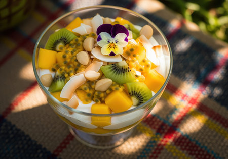 Layers of creamy yogurt and mango chunks, topped with fresh kiwi, passion fruit, macadamia nuts, and coconut flakes, garnished with an edible flower. healthy breakfast or dessert concept.の素材