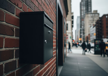 Sleek modern matte black steel mailbox mounted on a red brick wall, with a blurred city street and pedestrians in the background.の素材