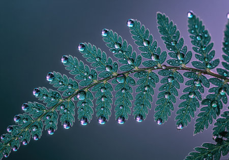 Vibrant green fern frond with numerous clear water droplets clinging to its delicate leaves. each drop reflects light, creating a sparkling, fresh, and natural texture. focus on growth and nature.の素材