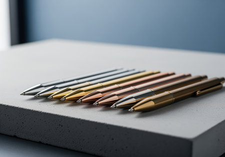 Elegant metallic pens in a neat, parallel row on a concrete surface. features a gradient of colors including silver, gold, rose gold, and bronze, highlighting modern design and precision.の素材