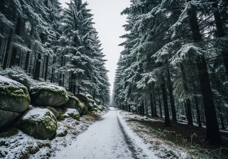 Winding snowy path through a dense winter forest. tall evergreen trees covered in fresh snow line the route, with mossy rocks visible on the side. serene cold landscape.の素材
