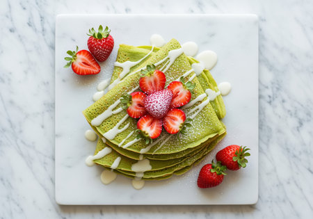 Stack of vibrant green matcha crepes folded into triangles, topped with fresh sliced strawberries, powdered sugar, and a sweet white cream drizzle, served on a white marble surface.の素材