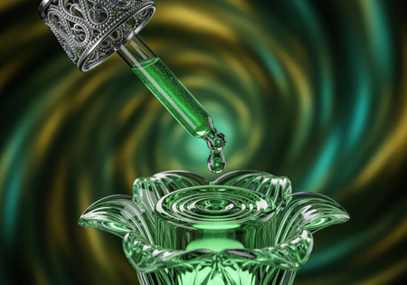 Ornate crystal dropper precisely releases a shimmering emerald green liquid drop into a uniquely shaped glass flower vessel, creating ripples. abstract background with swirling teal and gold colors.の素材