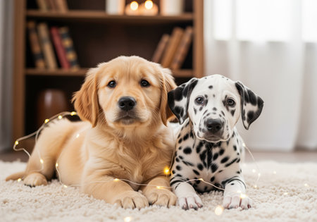 Two cute puppies, a golden retriever and a dalmatian, lie together on a fluffy rug, surrounded by glowing string lights in a warm home setting.の素材