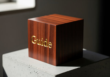 Polished dark mahogany cube with the word guide embossed in gold, resting on a textured concrete block. represents guidance, direction, information, and support.の素材