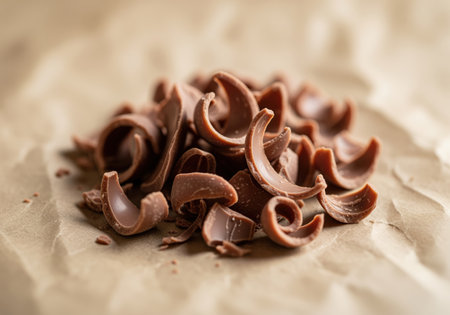 Milk chocolate shavings and curls piled on crumpled brown paper. sweet confectionery ingredient for baking, dessert decoration, or a delightful snack.の素材