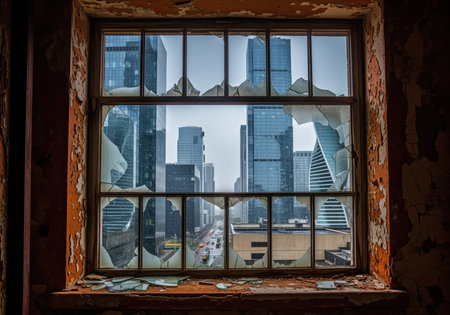 Shattered window frame in a decaying room, offering a stark contrast to the gleaming modern skyscrapers and busy street of a contemporary city visible outside.の素材