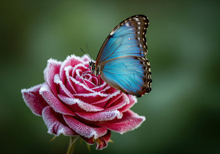 Brilliant blue morpho butterfly with iridescent wings rests gently on a deep crimson rose covered in frost, highlighting intricate details.の素材