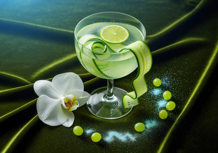 Elegant green drink featuring cucumber and lime, presented with a delicate white orchid, fresh green grapes, and subtle blue sparkle on a rich green textile.の素材