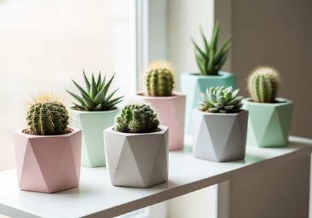 Seven vibrant cacti and succulent plants in modern pastel geometric pots arranged on a white shelf by a window, showcasing natural light and minimalist home decor.の素材