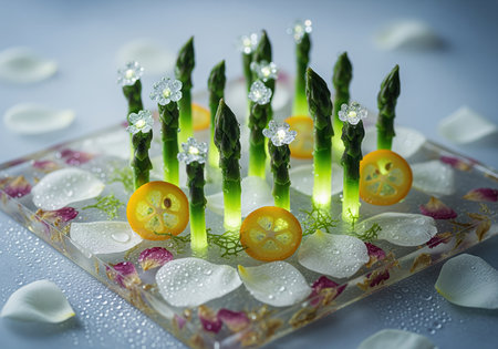 Glowing green asparagus spears arranged with vibrant kumquat slices, delicate white and pink petals, and glistening water droplets on a clear, reflective surface, creating an ethereal and fresh composition.の素材
