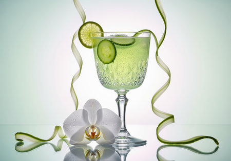 Refreshing green drink in a crystal goblet, garnished with cucumber slices and lime, accompanied by a white orchid and decorative cucumber peels on a reflective surface.の素材