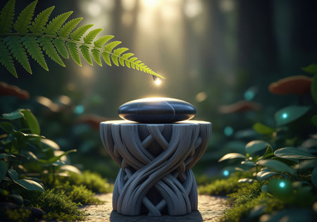Intricately carved grey driftwood pedestal resembling an altar, topped with a smooth black stone, under a fern leaf with a glowing water droplet. sunlight filters through a mystical green forest with glowing bokeh.の素材