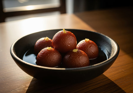Five traditional indian gulab jamun, deep fried semolina dumplings, soaked in sweet syrup, served in a dark stoneware bowl on a rustic wooden surface.の素材