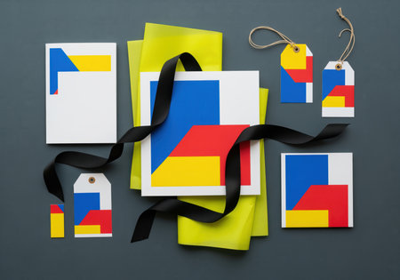 Modern geometric design stationery and gift tags featuring blue, red, and yellow blocks on white, accented with a black ribbon and yellow paper, arranged on a dark background.の素材