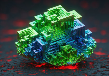 Vibrant iridescent bismuth crystal cluster displaying a unique geometric stepped structure with green and blue hues, resting on a dark textured surface with a red glow.の素材