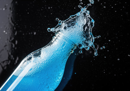 Vibrant blue liquid with bubbles splashing dramatically from a clear glass bottle against a dark background, captured in high speed motion. dynamic beverage concept.の素材